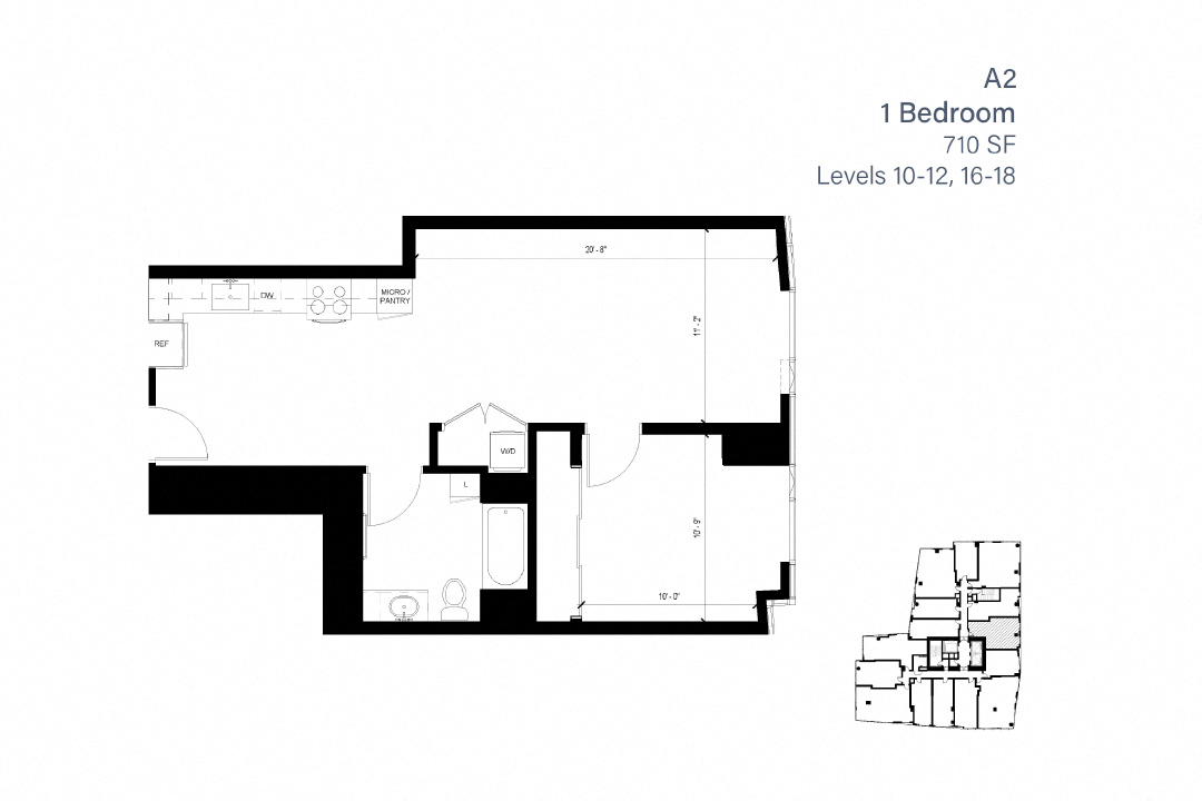 Floor plan for 1 bed, 1 bath, 700 sqft
